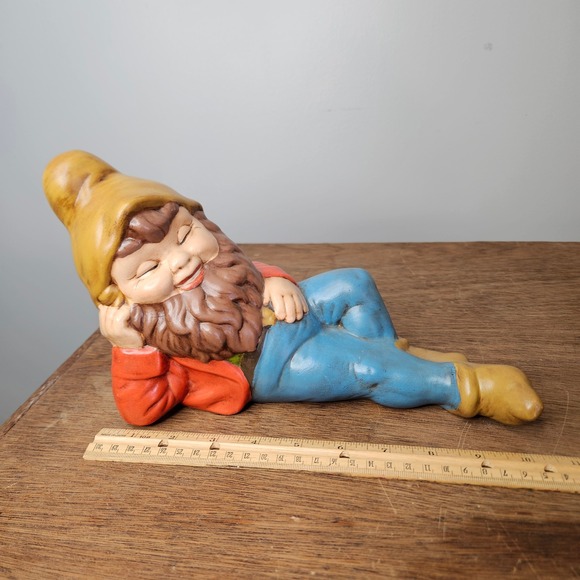 Unbranded Other - Vtg Hand Painted Reclining Garden Gnome Ceramic Figurine Red Blue G 75 10.5"